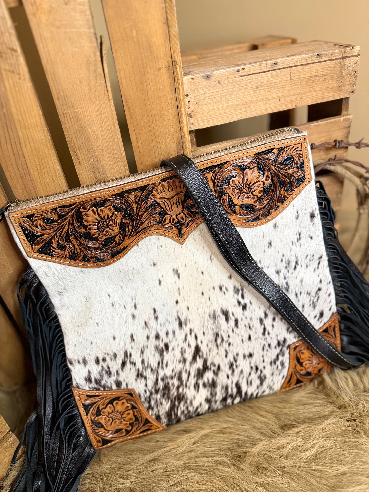 Western Cowhide Crossbody Bag, Hand Tooled Leather Crossbody Fringe Bag, Crossbody Purse, The Tumbleweed Bag