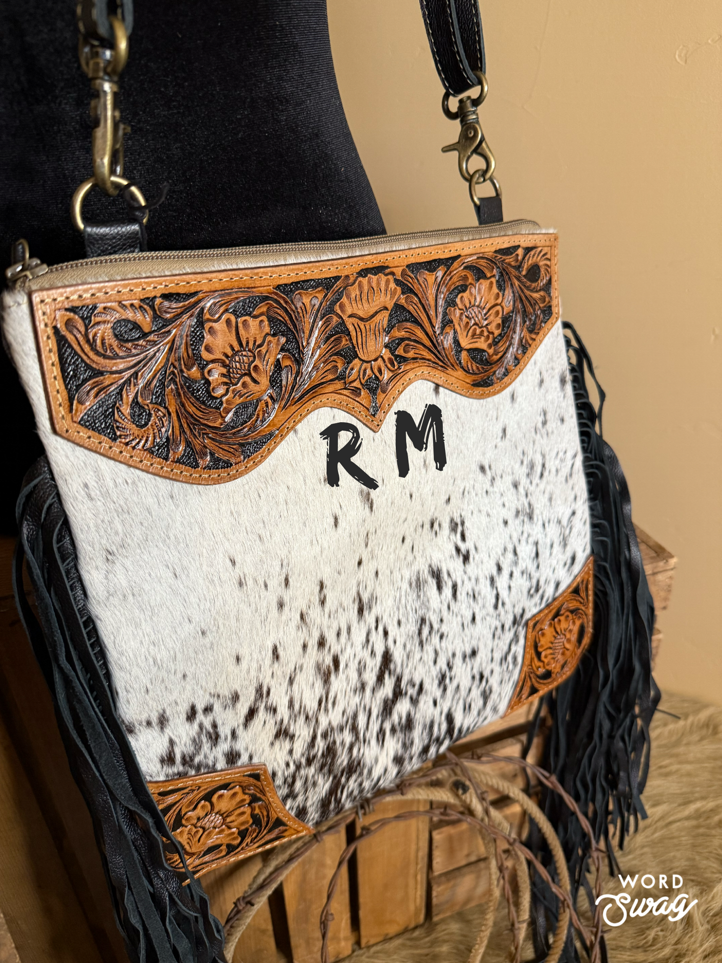 Western Cowhide Crossbody Bag, Hand Tooled Leather Crossbody Fringe Bag, Crossbody Purse, The Tumbleweed Bag
