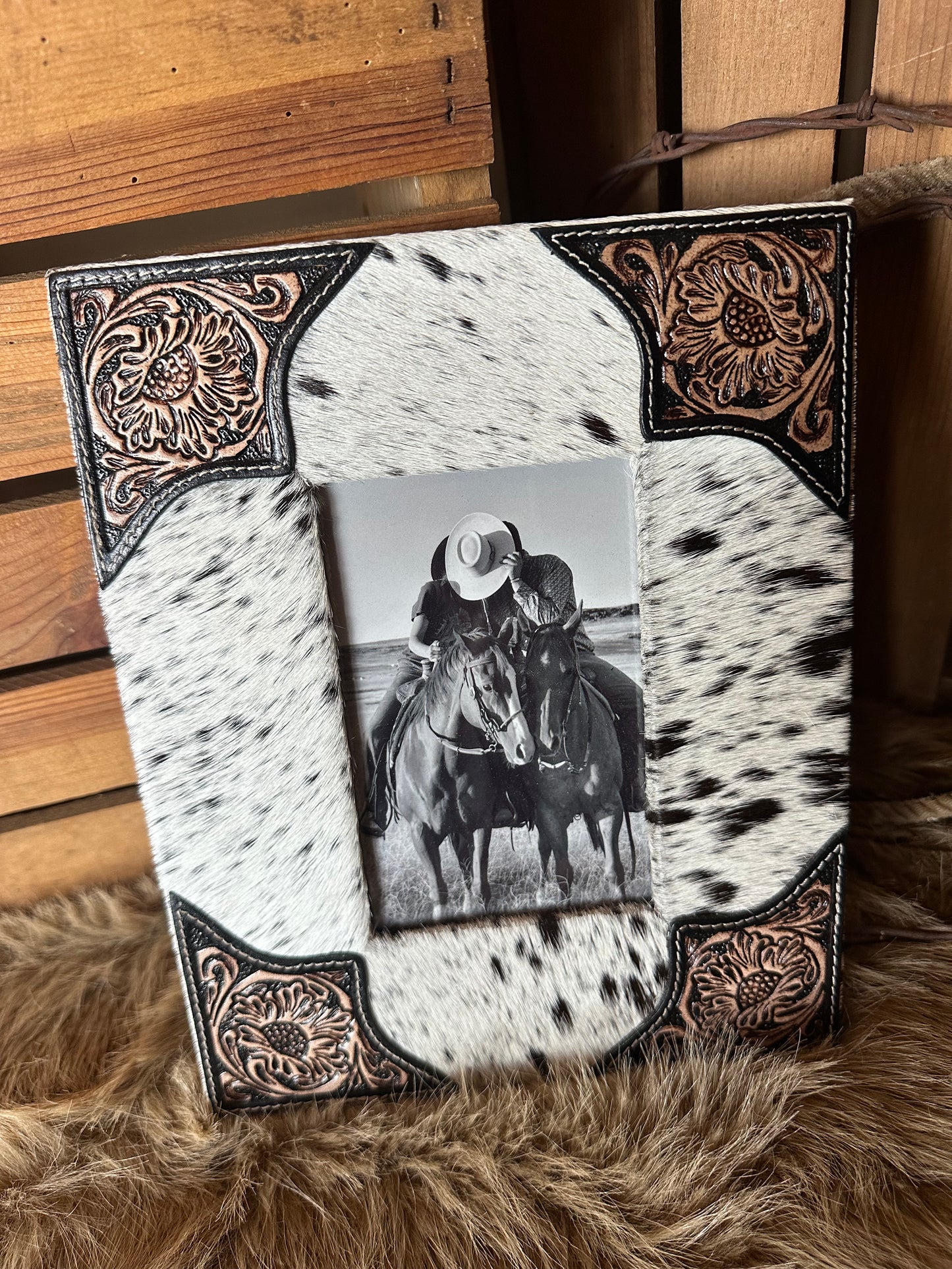 Custom Branded Cowhide and Tooled Leather Photo Frame, Western Picture Frame