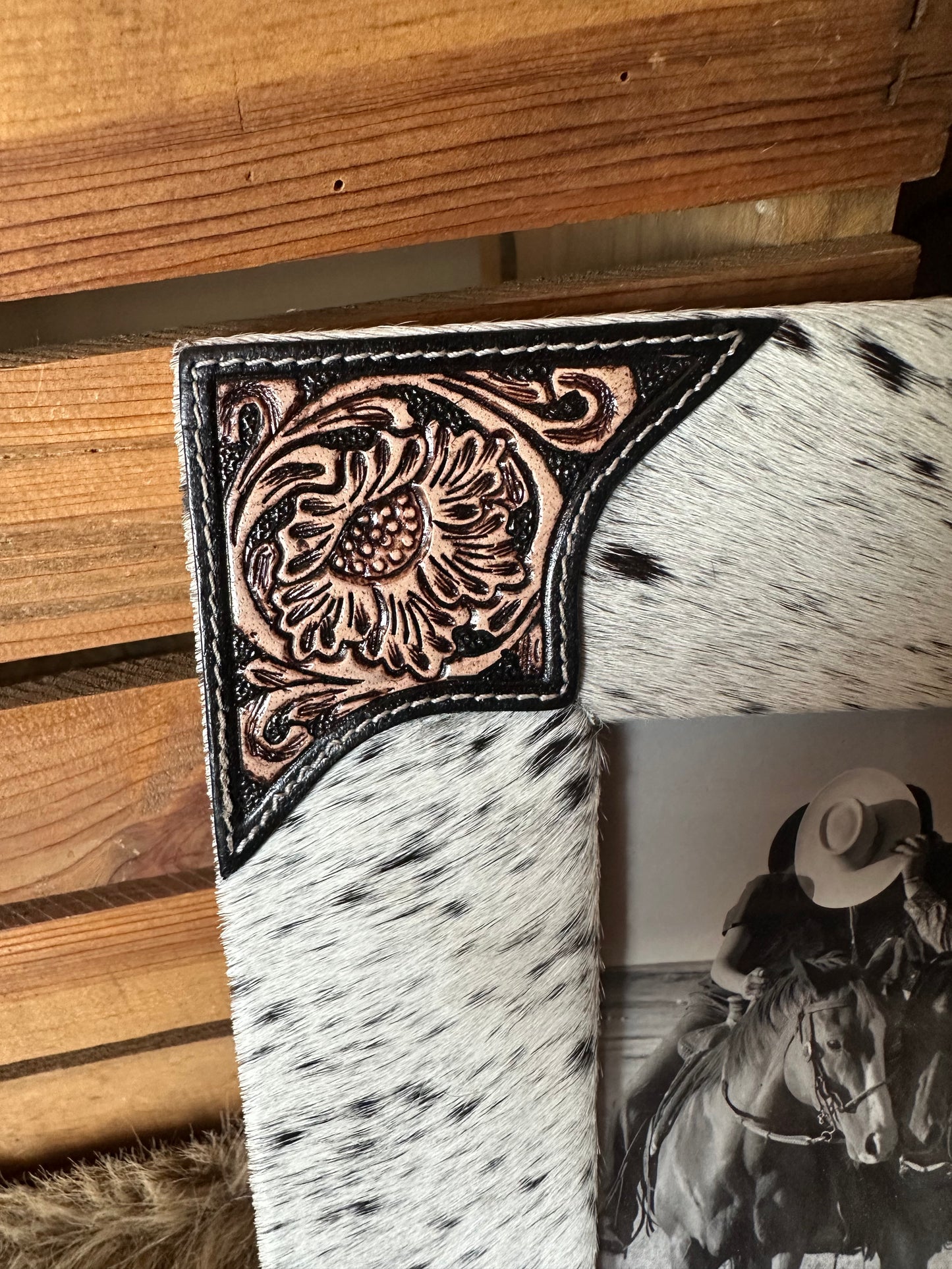 Custom Branded Cowhide and Tooled Leather Photo Frame, Western Picture Frame
