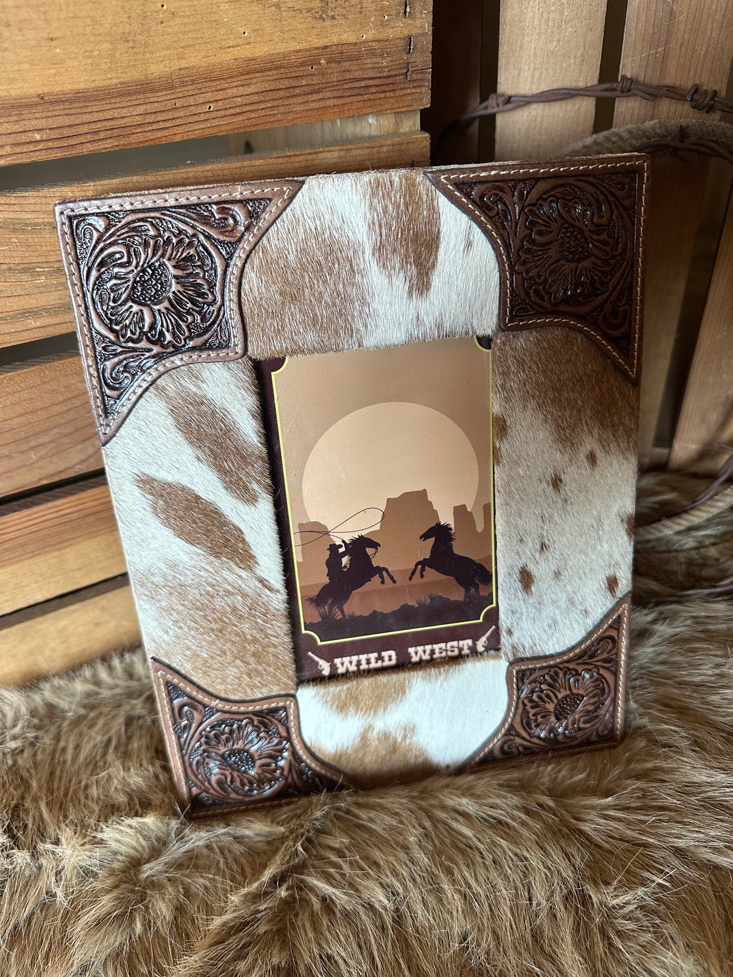 Custom Branded Cowhide and Tooled Leather Photo Frame, Western Picture Frame