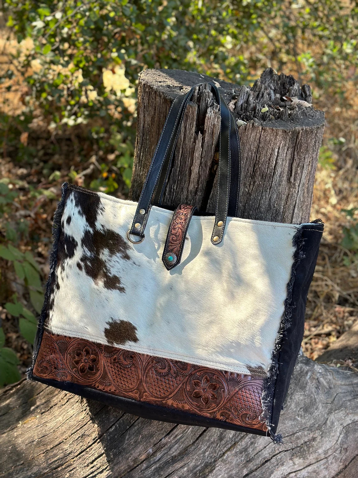 Western Cowhide and Tooled Leather Weekender Bag, The Pioneer Bag