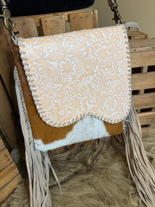 Brown leather fringed bag