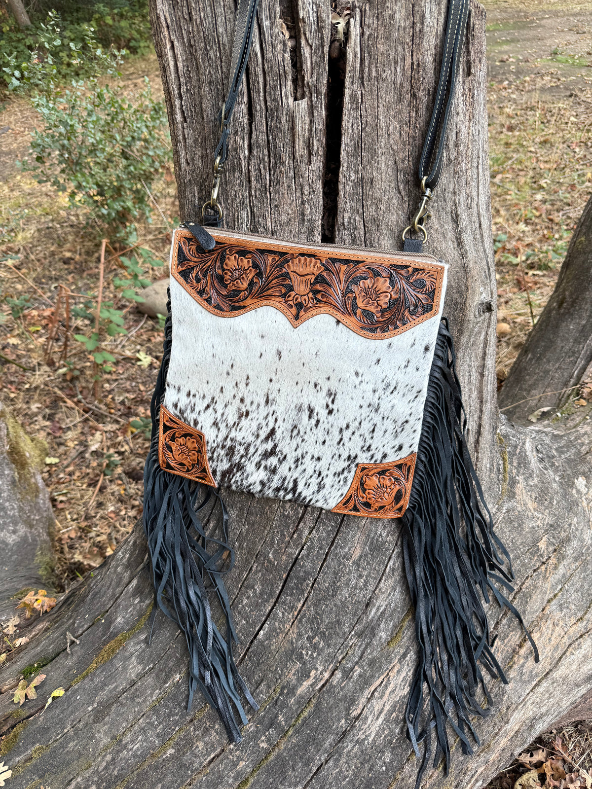 The Tumbleweed Bag, Free Custom Branding, Western Cowhide Crossbody Bag,  Hand Tooled Leather Crossbody Fringe Bag, Crossbody Purse