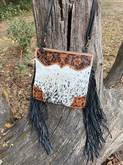 The Tumbleweed Bag, Free Custom Branding, Western Cowhide Crossbody Bag,  Hand Tooled Leather Crossbody Fringe Bag, Crossbody Purse