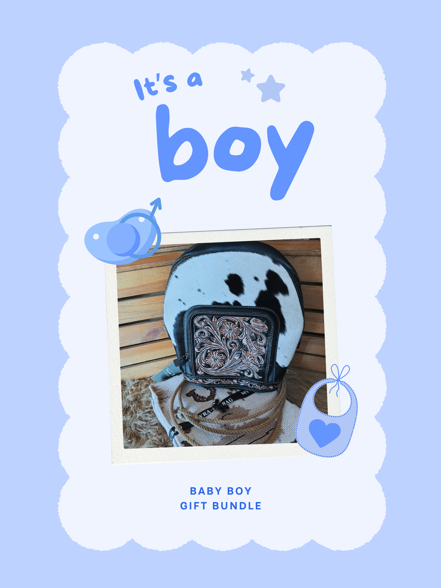 Baby Gift Set: Western Cowhide Tooled Leather Diaper Bag and Baby Blanket, Boy Girl Gift