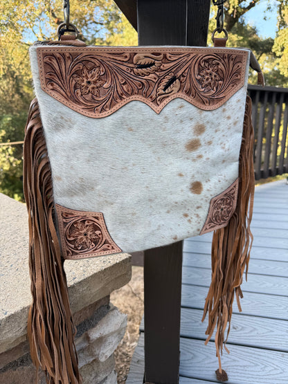 The Tumbleweed Bag, Free Custom Branding, Western Cowhide Crossbody Bag,  Hand Tooled Leather Crossbody Fringe Bag, Crossbody Purse
