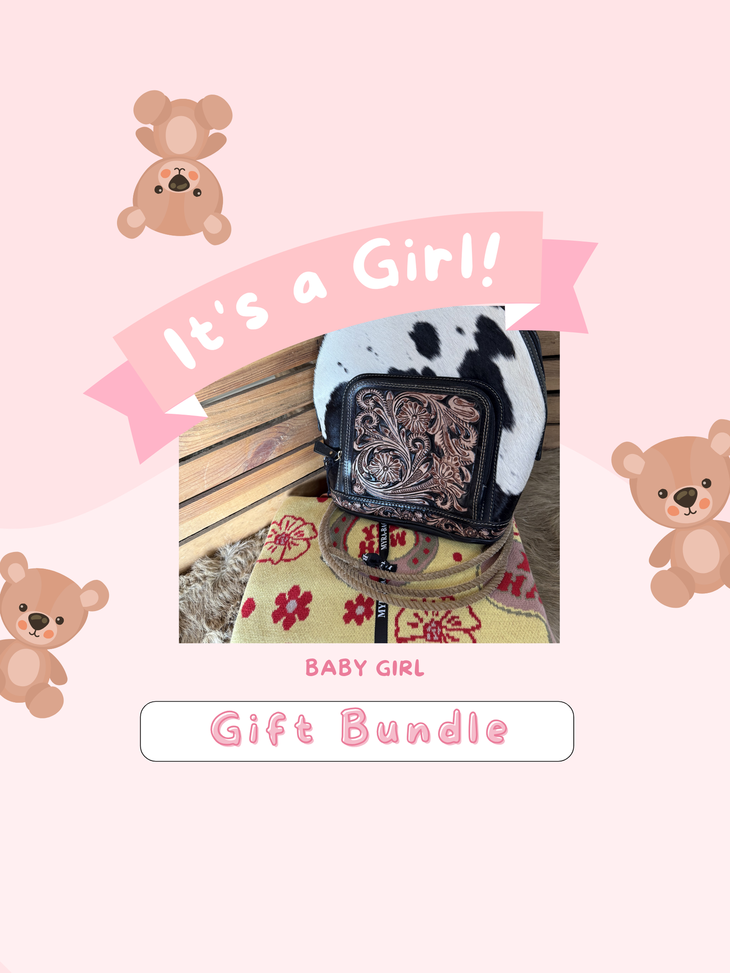 Baby Gift Set: Western Cowhide Tooled Leather Diaper Bag and Baby Blanket, Boy Girl Gift