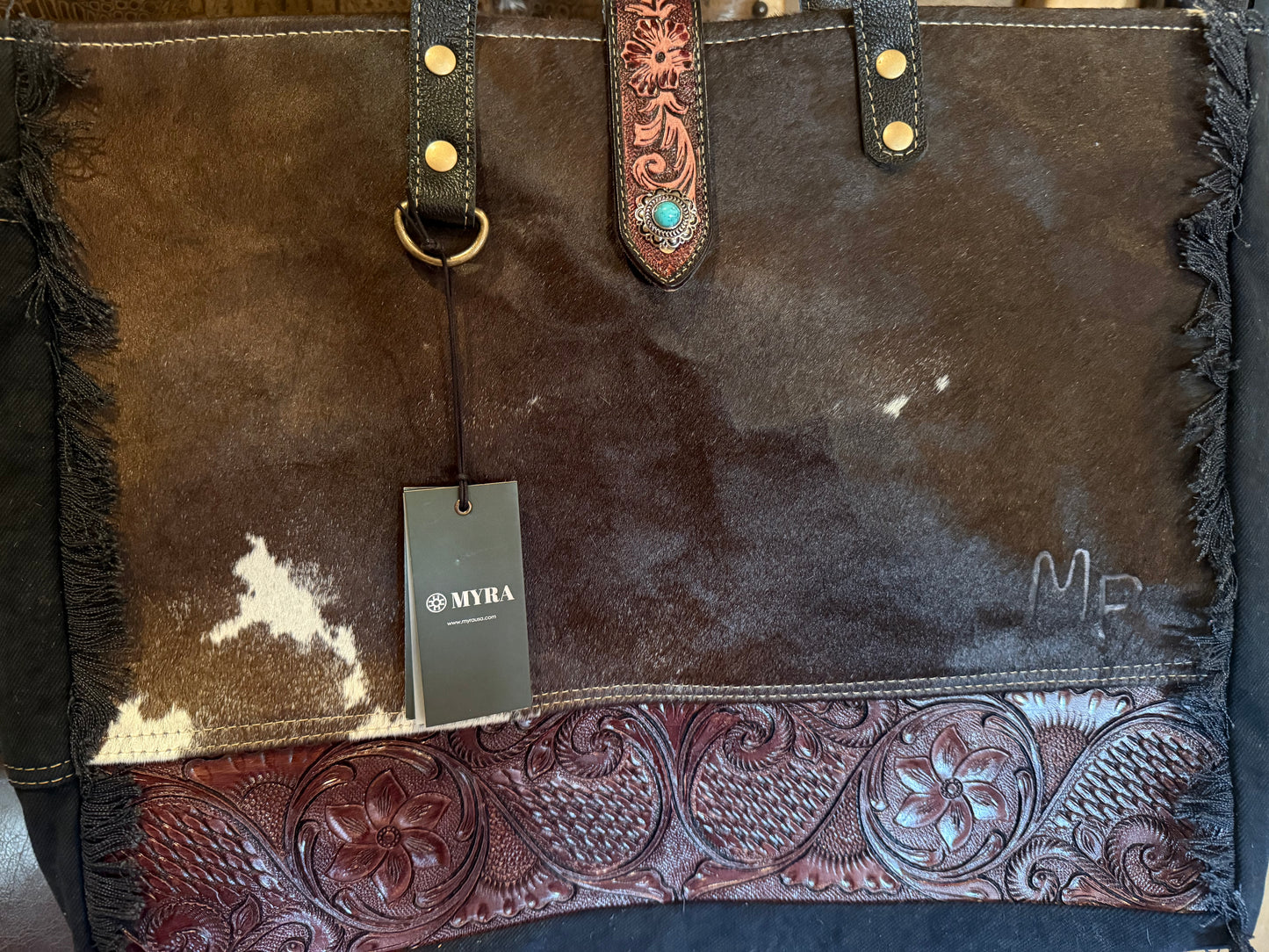 The Pioneer Bag, Free Custom Branding, Western Cowhide and Tooled Leather Weekender Bag,