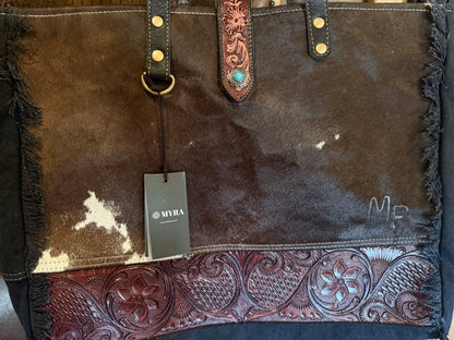 The Pioneer Bag, Free Custom Branding, Western Cowhide and Tooled Leather Weekender Bag,