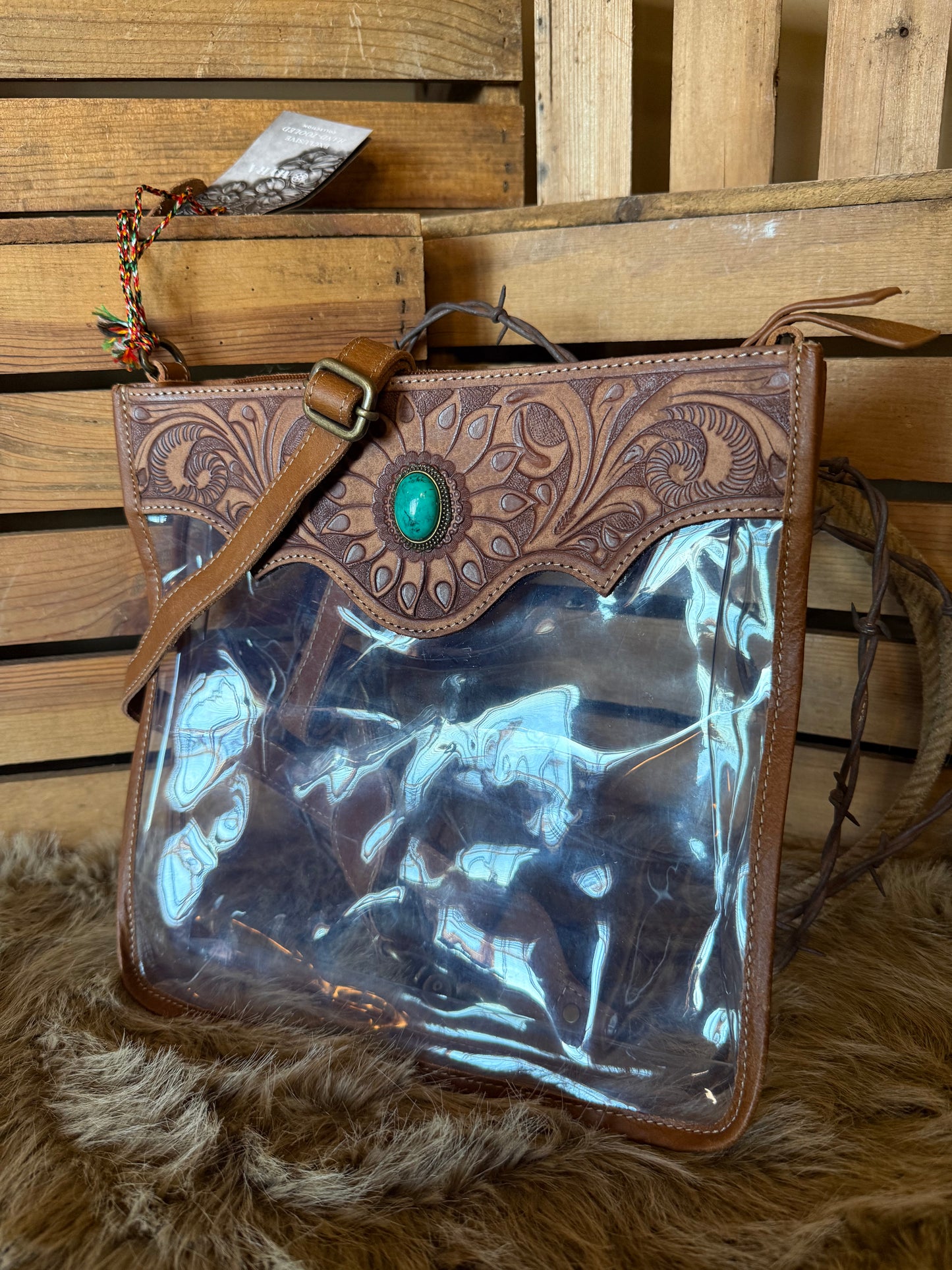 Clear Crossbody Bag: Western Concert Purse with Tooled Leather and Turquoise