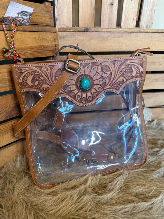 Clear Crossbody Bag: Western Concert Purse with Tooled Leather and Turquoise