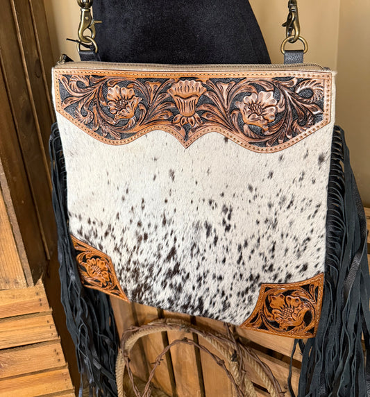 Western Cowhide Crossbody Bag,  Hand Tooled Leather Crossbody Fringe Bag, Crossbody Purse, The Tumbleweed Bag