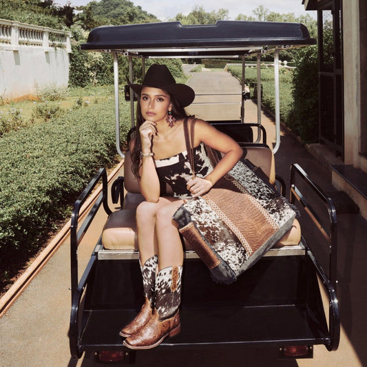 The Arizona Bag, Free Custom Branding, Western Cowhide and Tooled Leather Weekender Bag