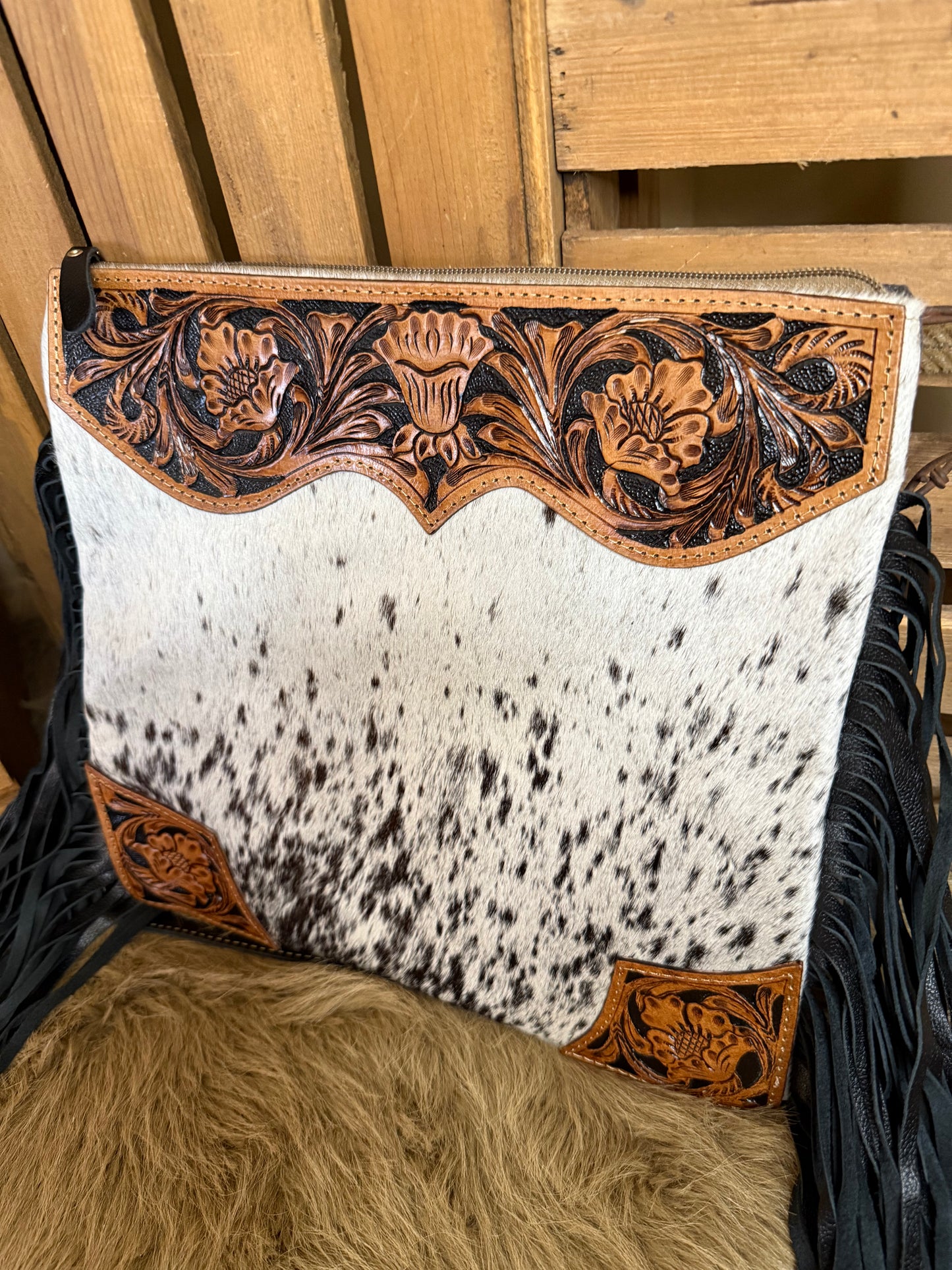 Western Cowhide Crossbody Bag,  Hand Tooled Leather Crossbody Fringe Bag, Crossbody Purse, The Tumbleweed Bag
