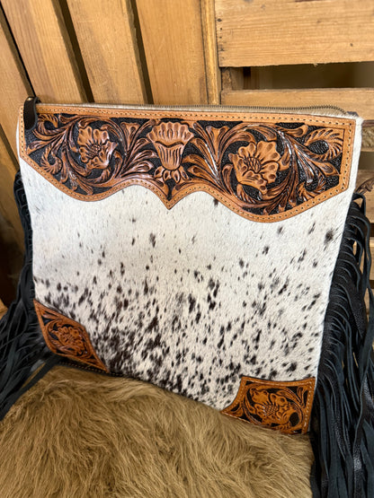 Western Cowhide Crossbody Bag,  Hand Tooled Leather Crossbody Fringe Bag, Crossbody Purse, The Tumbleweed Bag