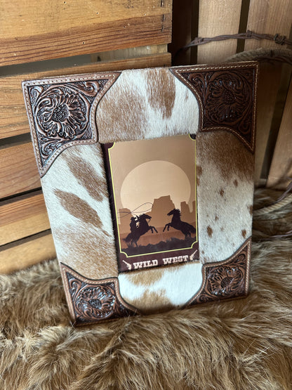 Custom Branded Cowhide  and Tooled Leather Photo Frame, Western Picture Frame