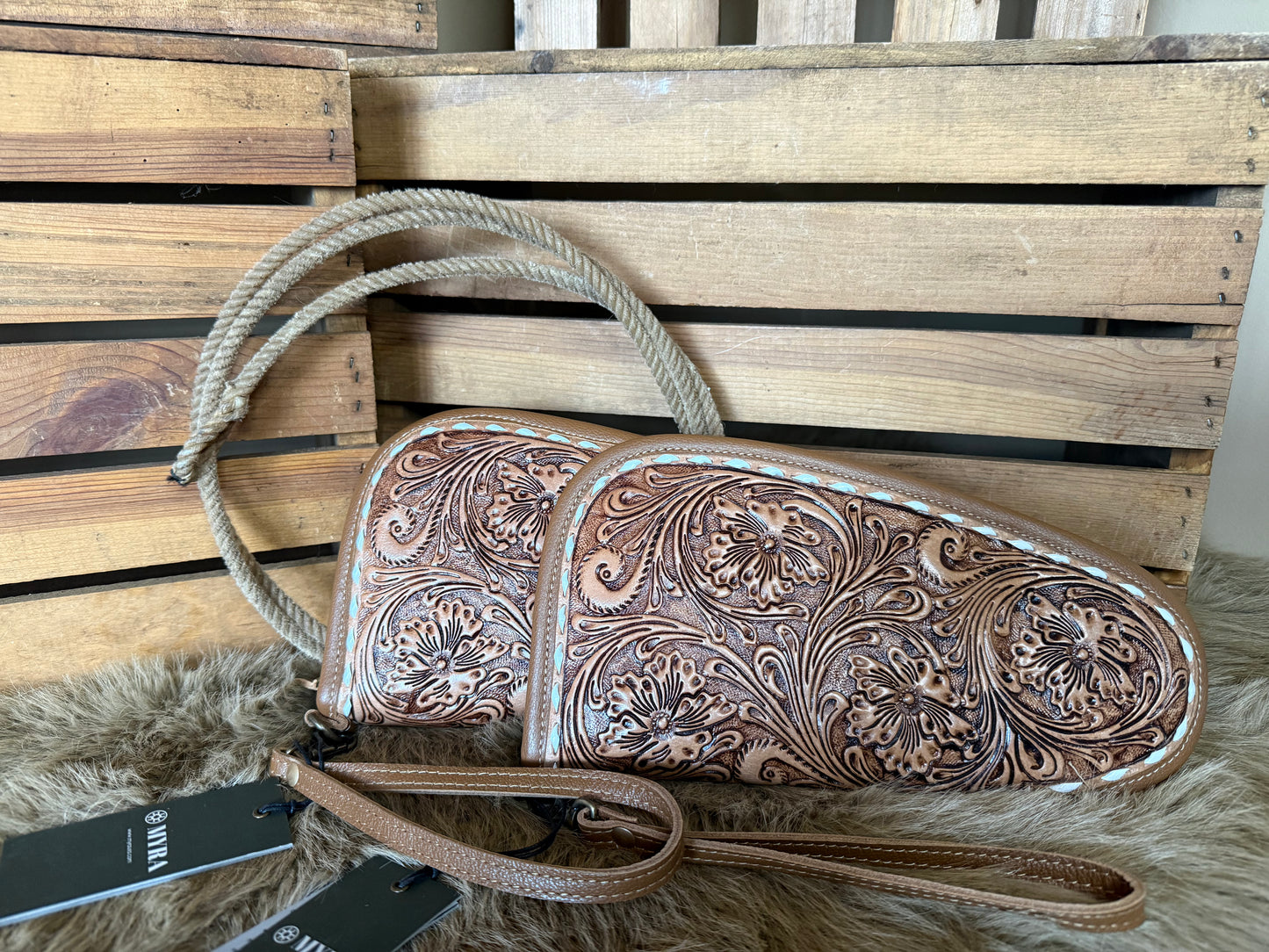 Tooled Leather Gun Case with white buck stitch