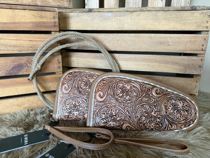 Tooled Leather Gun Case with white buck stitch