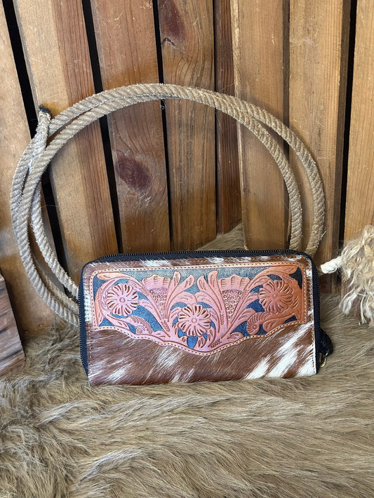 Western Cowhide and Tooled Leather Wallet, RFID Protected Wallet, The Barstow Wallet
