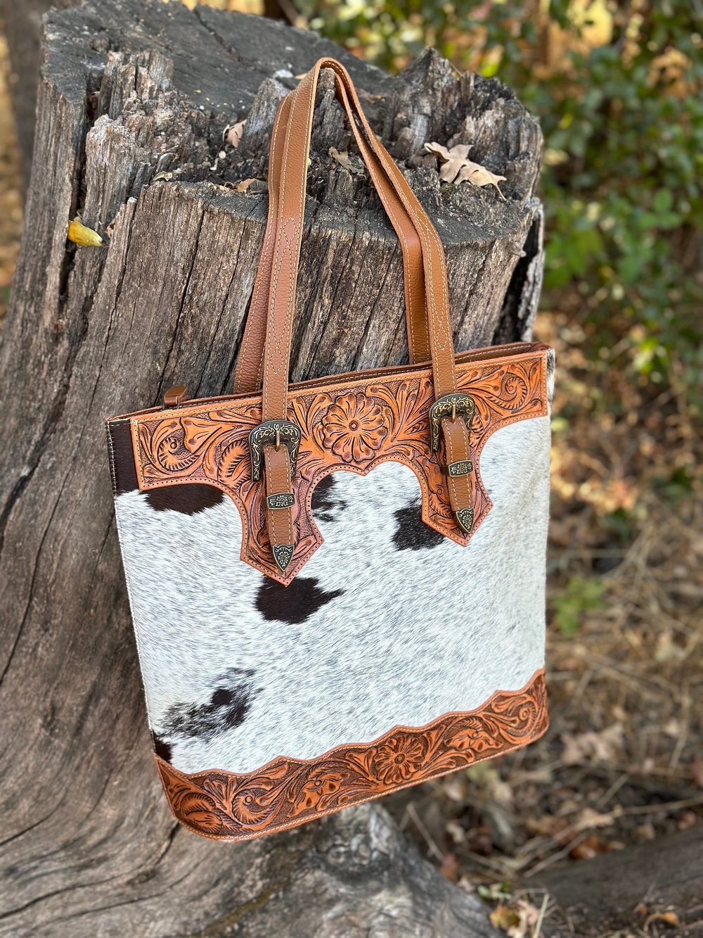 Western Cowhide and Hand Tooled Leather Tote Bag, The Rio Bag