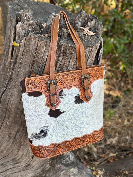 Western Cowhide and Hand Tooled Leather Tote Bag, The Rio Bag