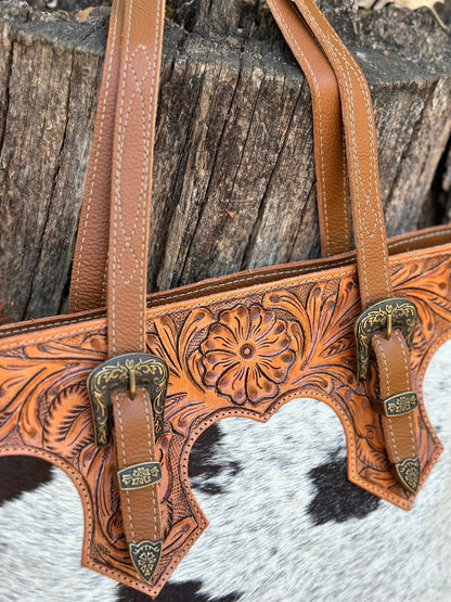 Western Cowhide and Hand Tooled Leather Tote Bag, The Rio Bag