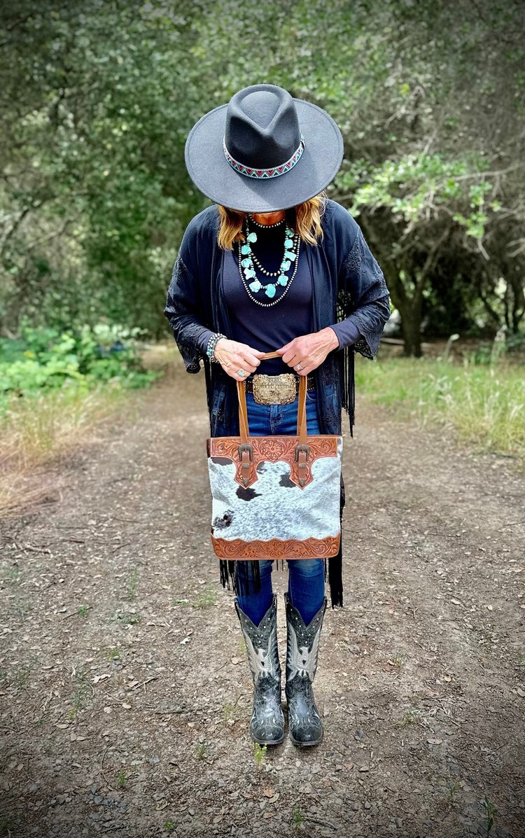 Western Cowhide and Hand Tooled Leather Tote Bag, The Rio Bag