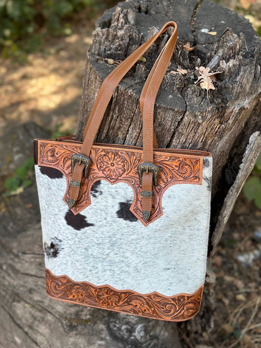 Western Cowhide and Hand Tooled Leather Tote Bag, The Rio Bag