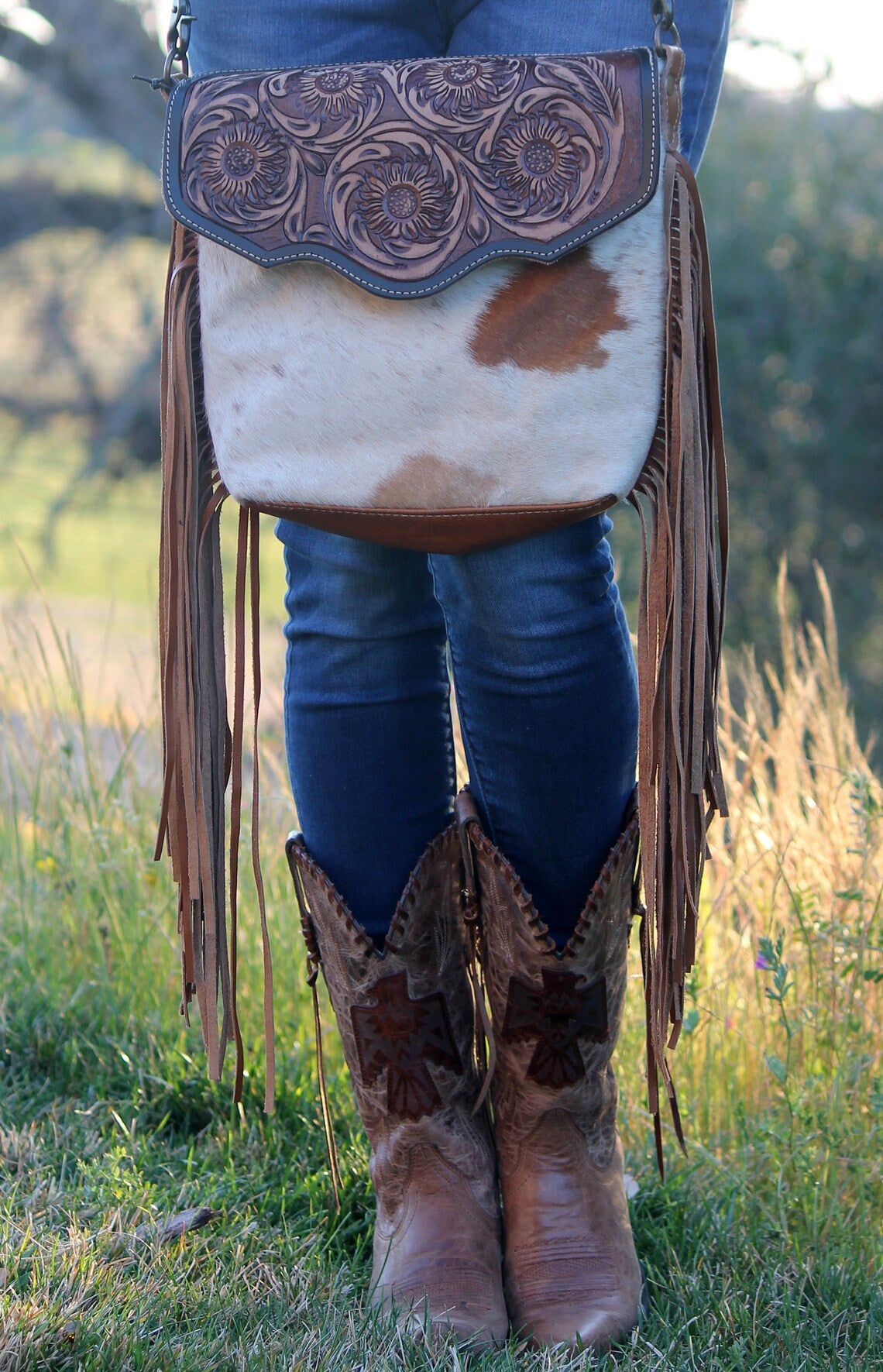 Western Cowhide Hand Tooled Leather with Fringe Crossbody Bag, The Cactus Blossom Bag