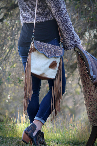 Western Cowhide Hand Tooled Leather with Fringe Crossbody Bag, The Cactus Blossom Bag