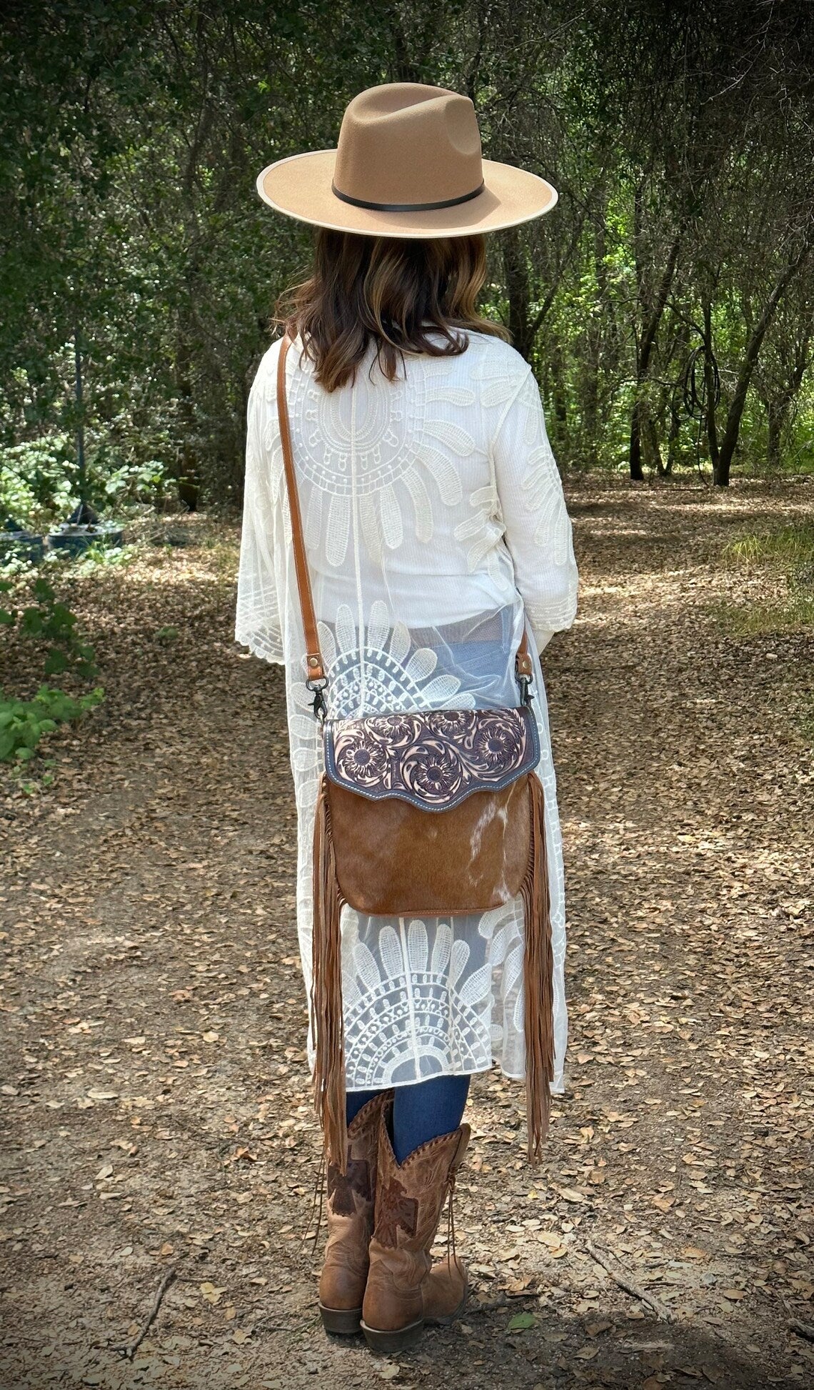 Western Cowhide Hand Tooled Leather with Fringe Crossbody Bag, The Cactus Blossom Bag