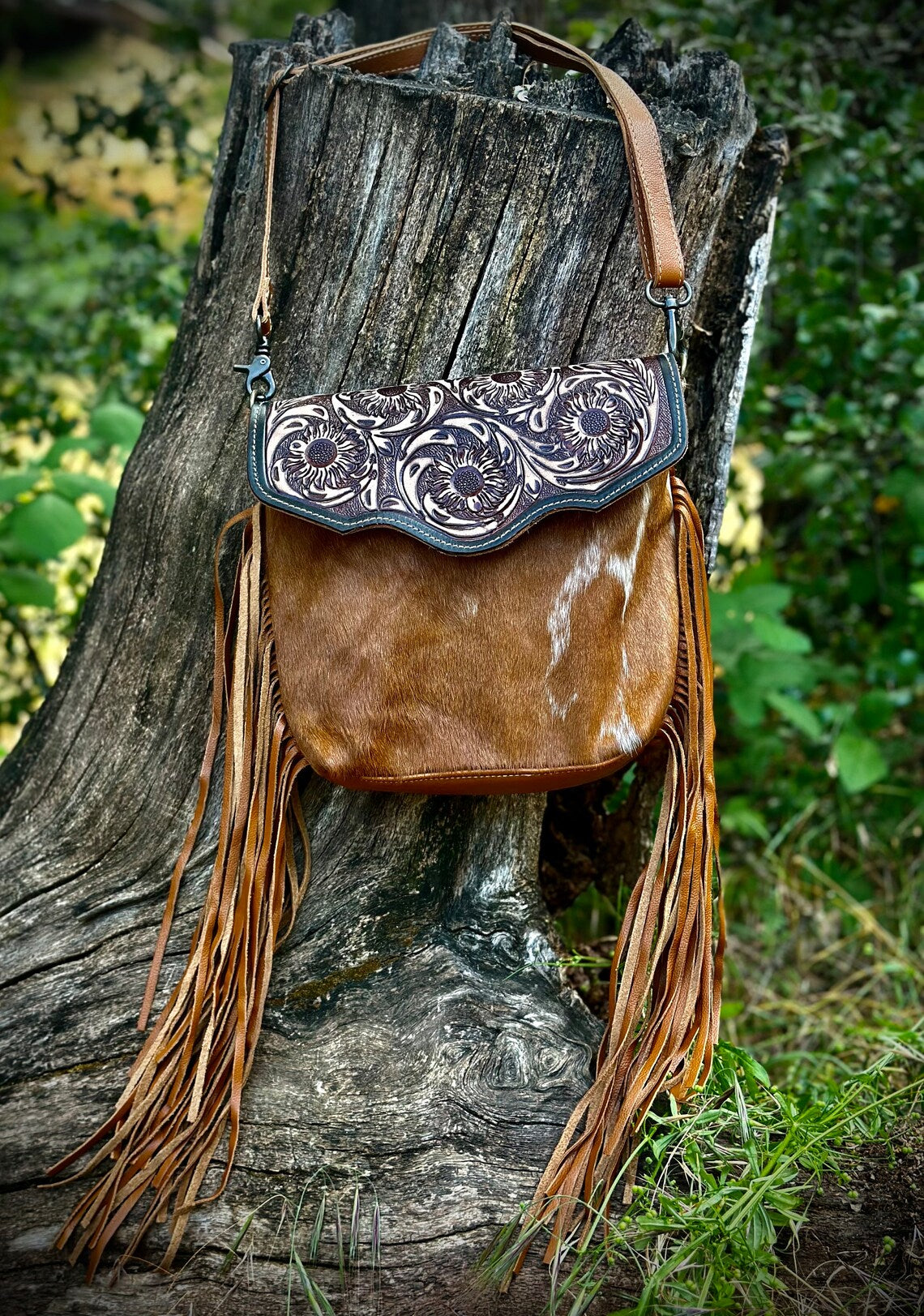 Western Cowhide Hand Tooled Leather with Fringe Crossbody Bag, The Cactus Blossom Bag