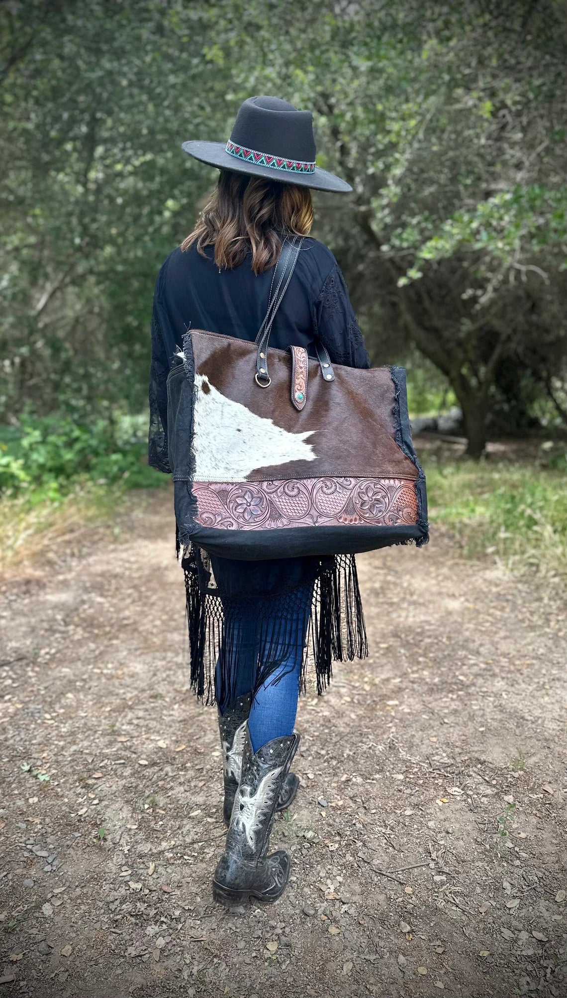 Western Cowhide and Tooled Leather Weekender Bag,  The Pioneer Bag