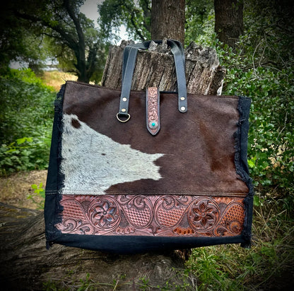 Western Cowhide and Tooled Leather Weekender Bag,  The Pioneer Bag