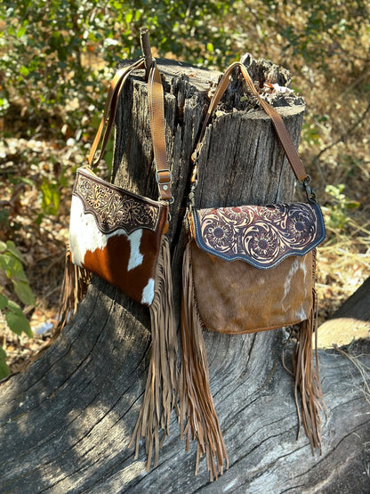 Western Cowhide Hand Tooled Leather with Fringe Crossbody Bag, The Cactus Blossom Bag