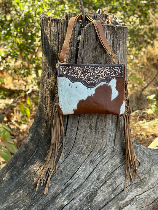 Western Cowhide Hand Tooled Leather with Fringe Crossbody Bag, Dusty Trails Bag