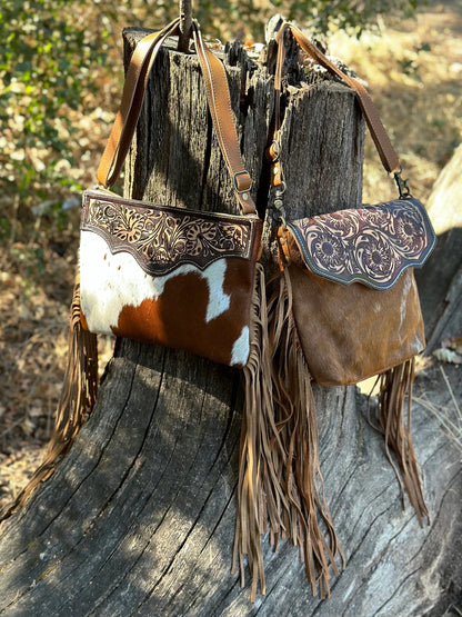 Western Cowhide Hand Tooled Leather with Fringe Crossbody Bag, Dusty Trails Bag