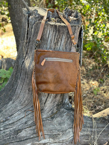 Western Cowhide Hand Tooled Leather with Fringe Crossbody Bag, The Cactus Blossom Bag