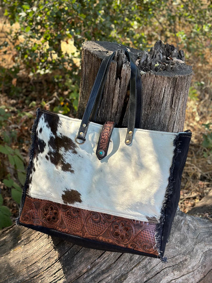 Western Cowhide and Tooled Leather Weekender Bag,  The Pioneer Bag