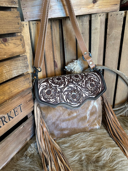 Western Cowhide Hand Tooled Leather with Fringe Crossbody Bag, The Cactus Blossom Bag